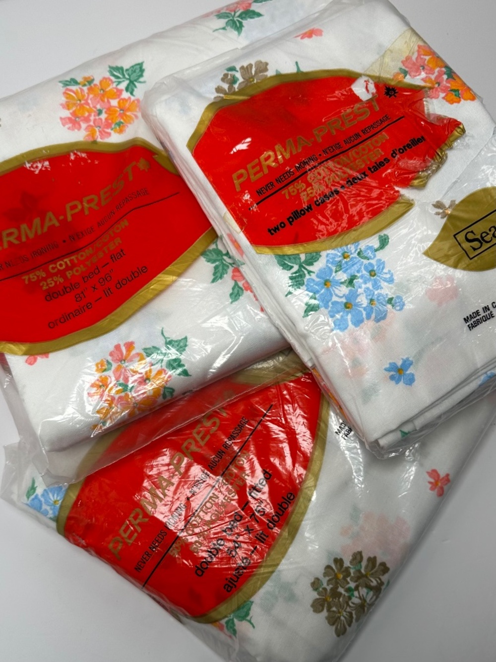 Vintage Sears Perma-Prest Double Sheet Set NOS Floral Made in Canada